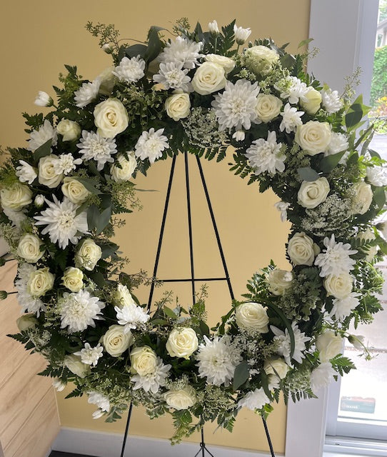 Deluxe white funeral wreath arrangement