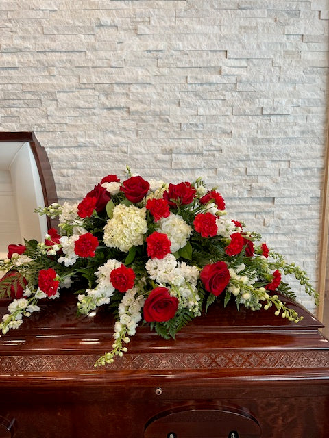 White and red casket spray