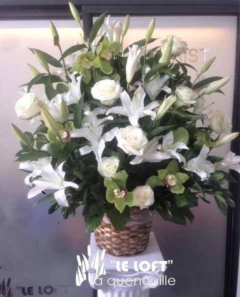 Westmount white lily and rose basket arrangement with green orchids