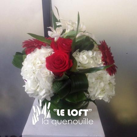 Red and white bowl flower arrangement