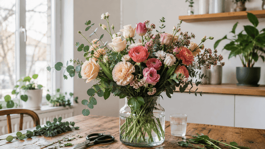 Bright floral arrangement on rustic table