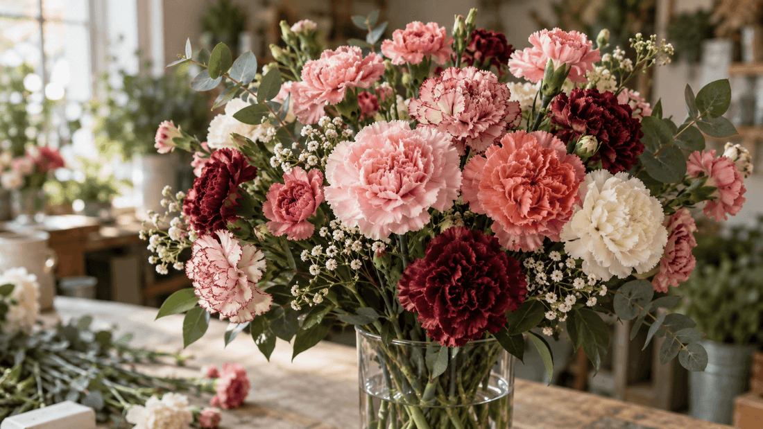 Pink, white, coral and burgundy carnations arranged with greenery in a Montreal flower shop.