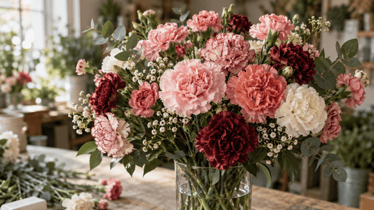 Pink, white, coral and burgundy carnations arranged with greenery in a Montreal flower shop.