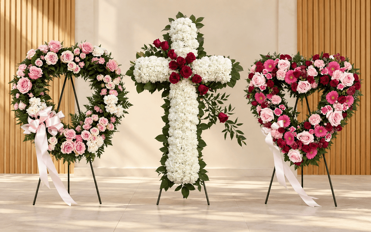Funeral wreath, floral cross and heart-shaped floral tribute arranged by La Quenouille in Montreal