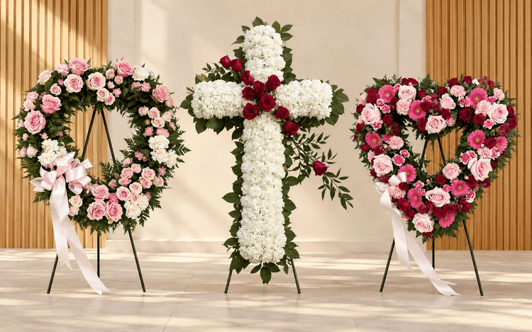 Funeral wreath, floral cross and heart-shaped floral tribute arranged by La Quenouille in Montreal