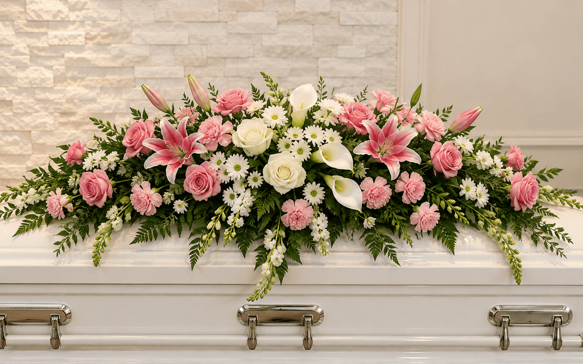Pink and white casket spray with roses and lilies arranged by La Quenouille in Montreal