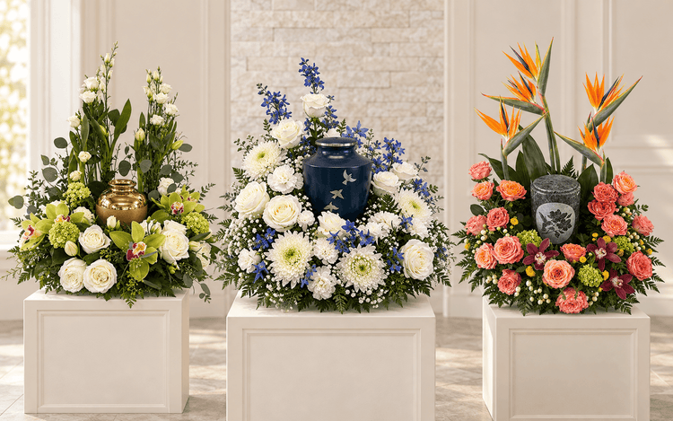 Three floral urn arrangements in white, blue and coral flowers by La Quenouille in Montreal