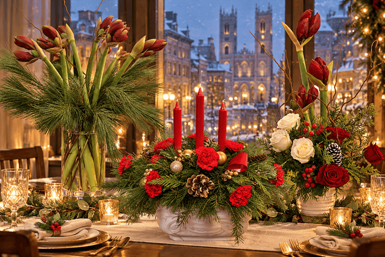 Christmas collection banner featuring three products in an elegant holiday table setting, with snowy Old Montreal and Notre-Dame Basilica visible behind them