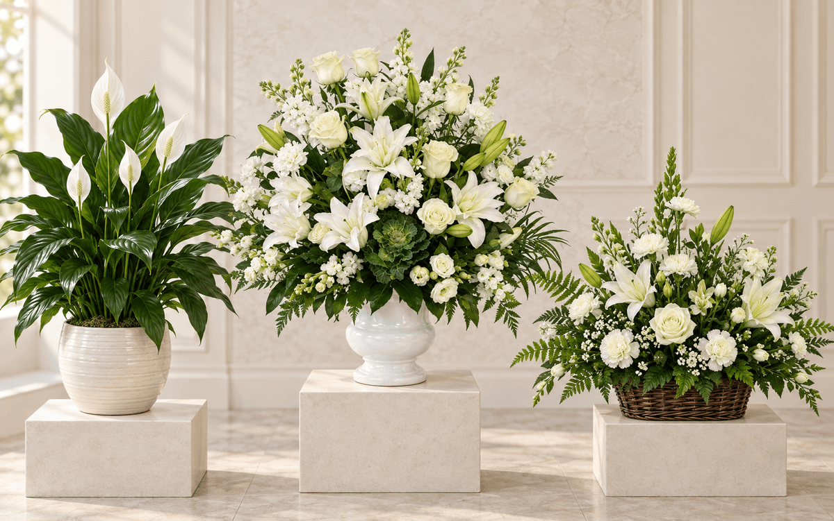Peace lily plant and white sympathy floral tributes arranged by La Quenouille in Montreal