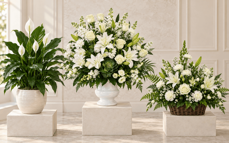 Peace lily plant and white sympathy floral tributes arranged by La Quenouille in Montreal
