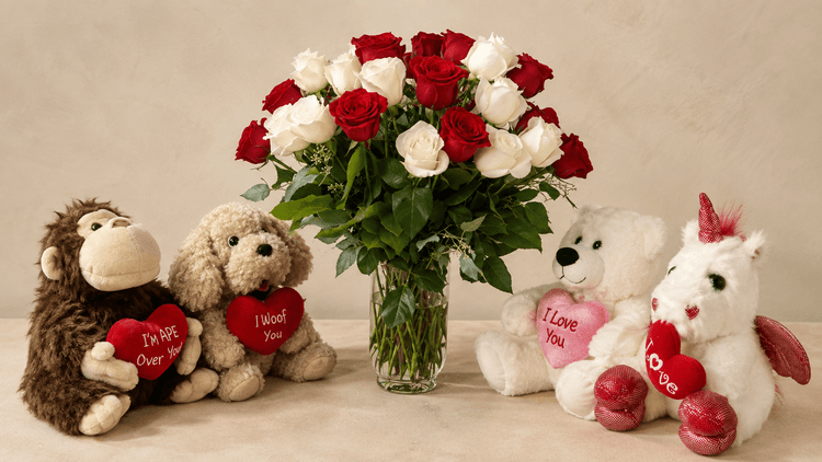 Roses framed by heartfelt plush gifts staffed add-ons