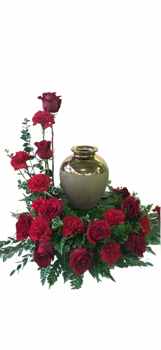 Red roses & carnation urn arrangement