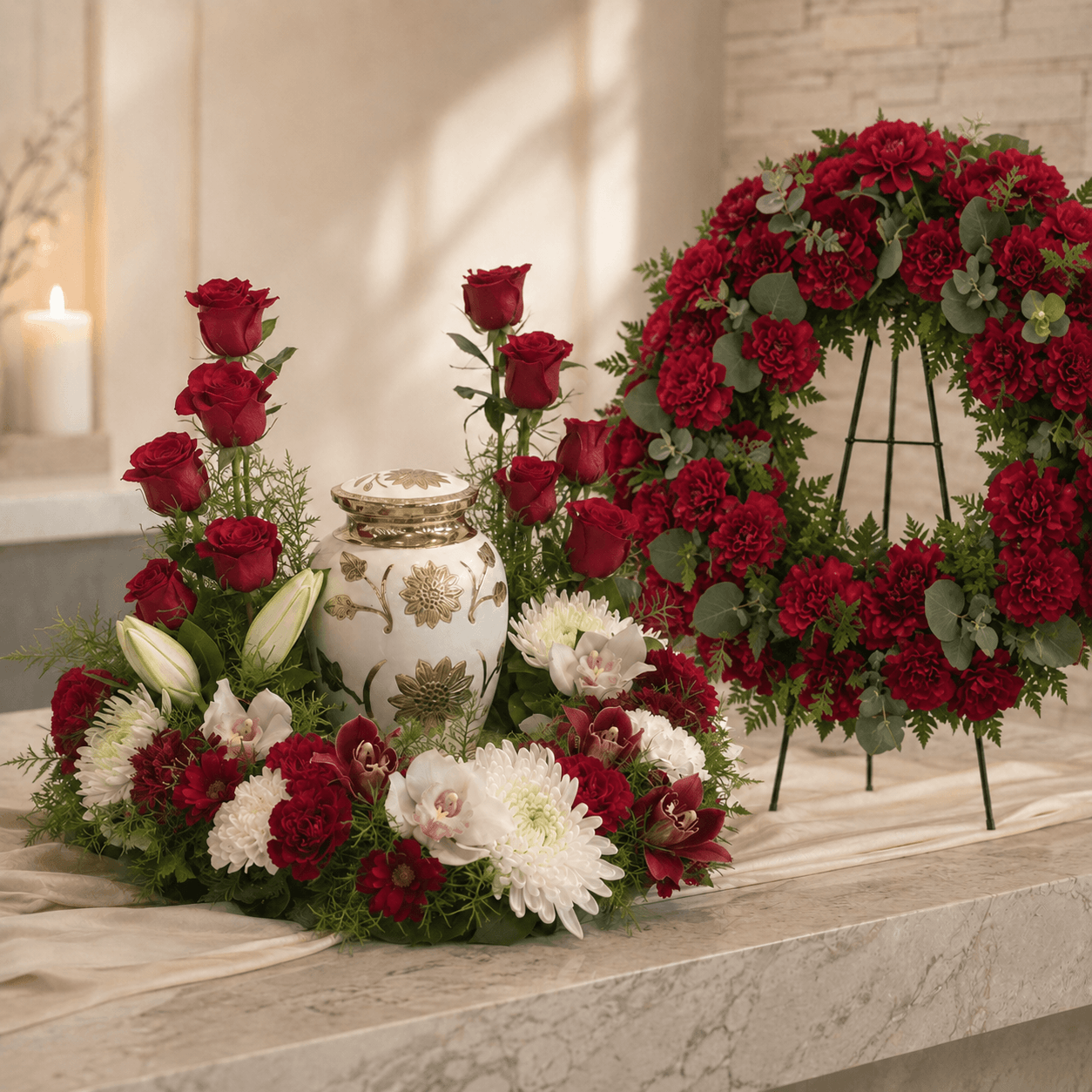 Decorative floral arrangement with red and white flowers around a urn on a marble surface.