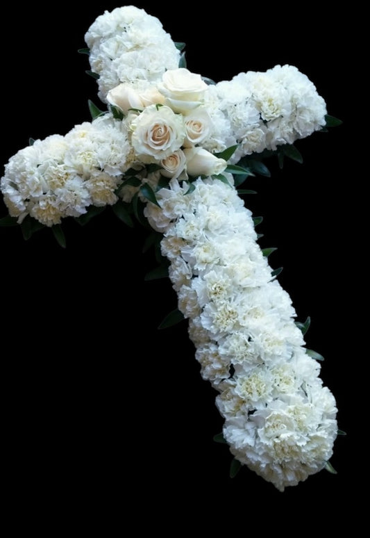 White Carnations and Roses hanging cross