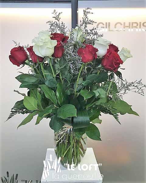 24 Red & White Roses in Vase - florist La Quenouille