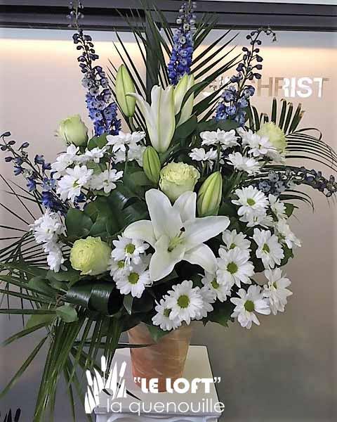 Blue & White Sympathy Arrangement - florist La Quenouille