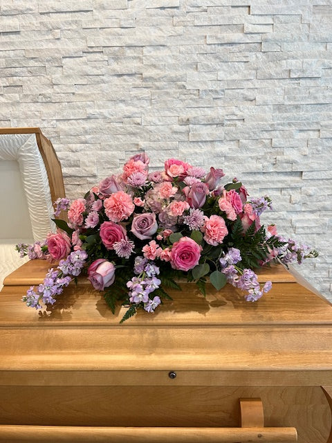 Shades of Lilac and Pink Casket spray - florist La Quenouille