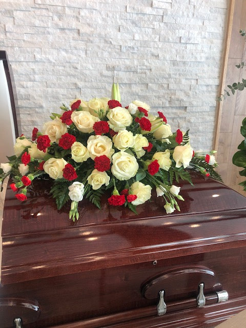 White Rose , Lilly & Red Carnations Casket Spray - florist La Quenouille